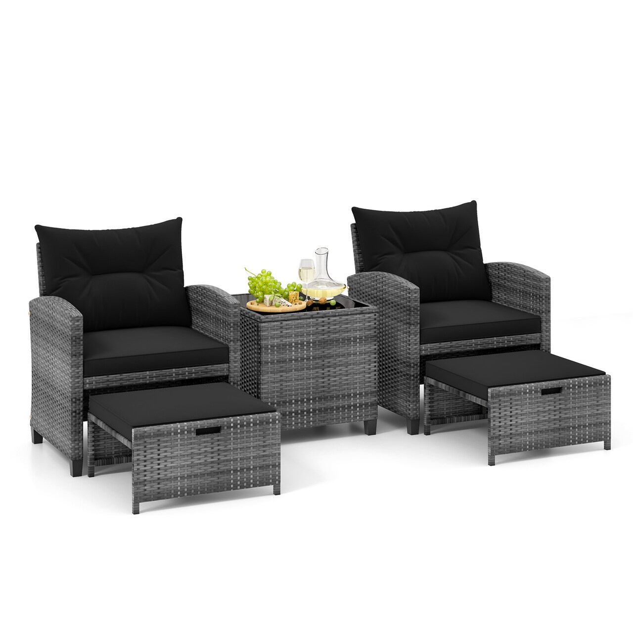 5 Piece Patio Set PE Rattan Chairs Ottomans Glass Table Outdoor Furniture Black Cushion